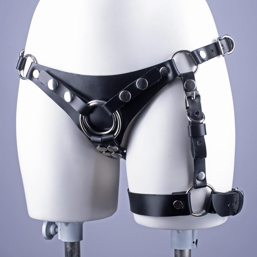 Leather strap on harness with garter