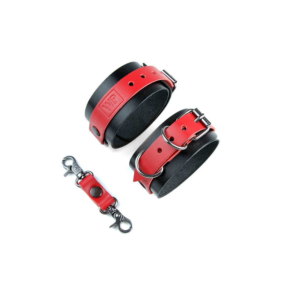 black and red leather ankle handcuffs